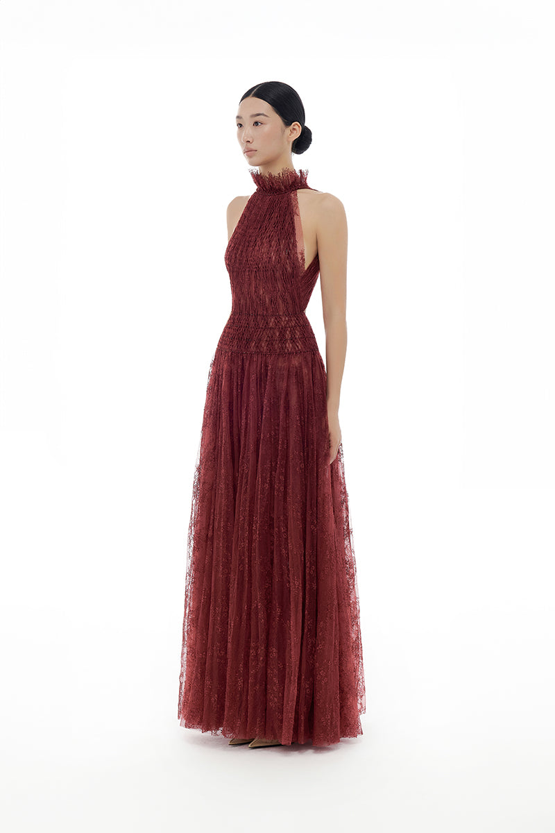 BURGUNDY SMOCKED LACE MAXI DRESS