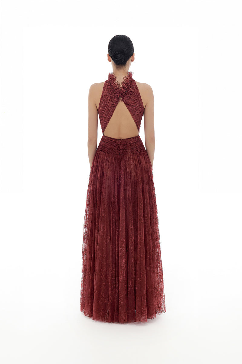 BURGUNDY SMOCKED LACE MAXI DRESS