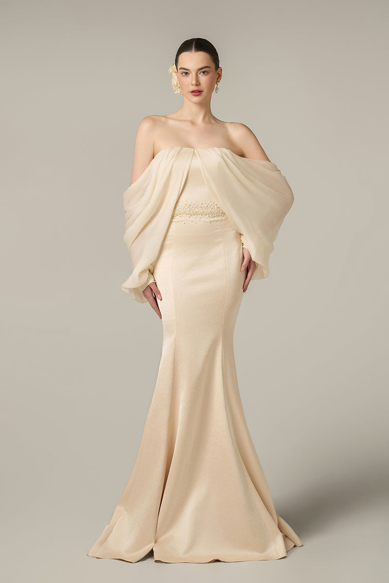 SILK TAFFETA AND CHIFFON DRESS IN GOLD