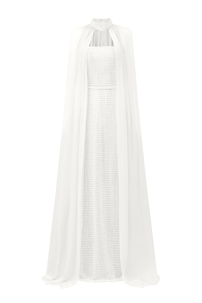 PEARL SQUARE MESH LACE AND CHIFFON DRESS IN SILVER