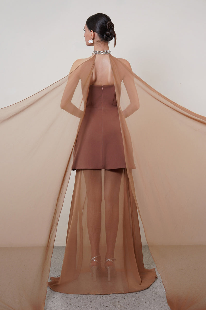 STRAPLESS MAXI DRESS WITH CAPE IN BROWN