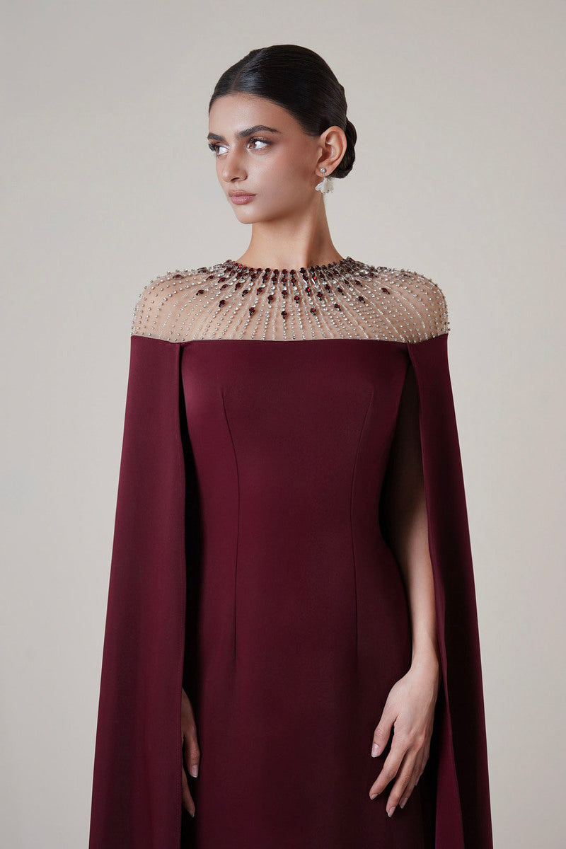 LONG SLEEVE GOWN IN BURGUNDY