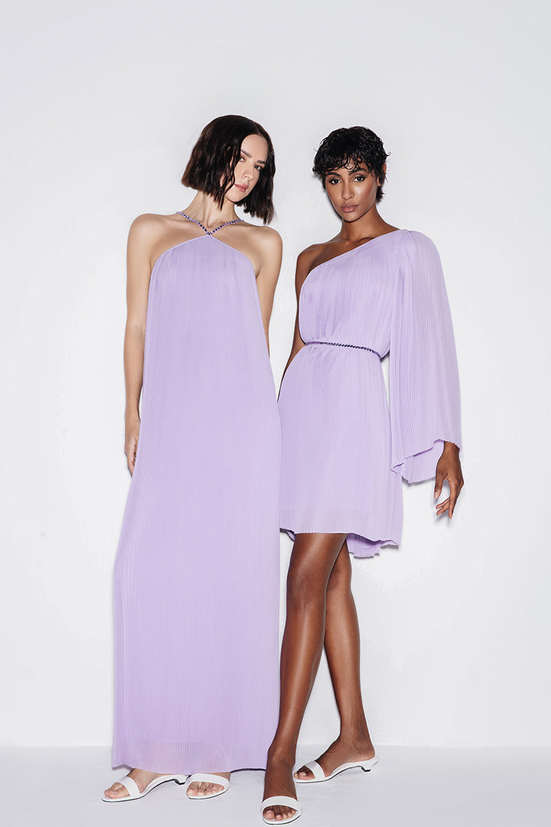 PLEATED CHIFFON MINI DRESS IN LILAC