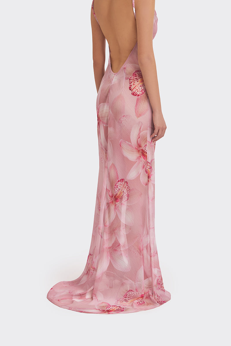 COWL NECK ORCHID PRINT MAXI DRESS