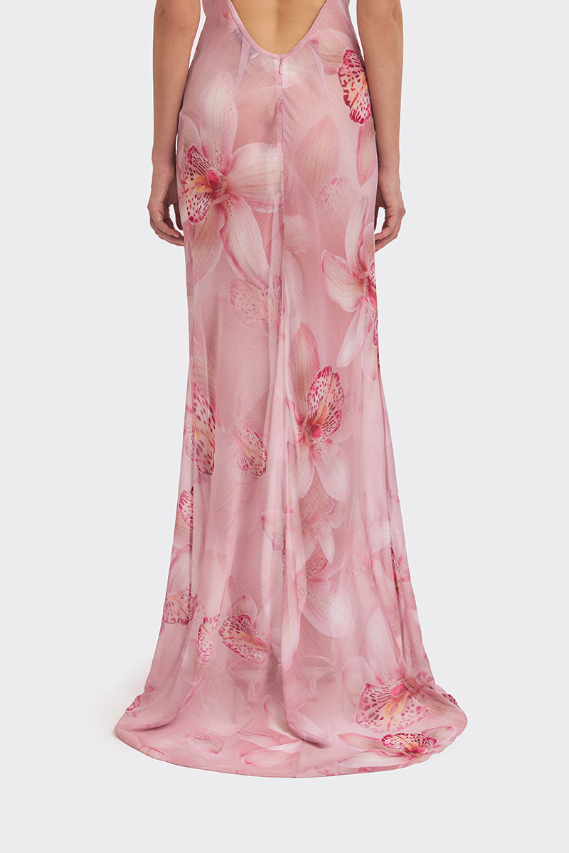 COWL NECK ORCHID PRINT MAXI DRESS