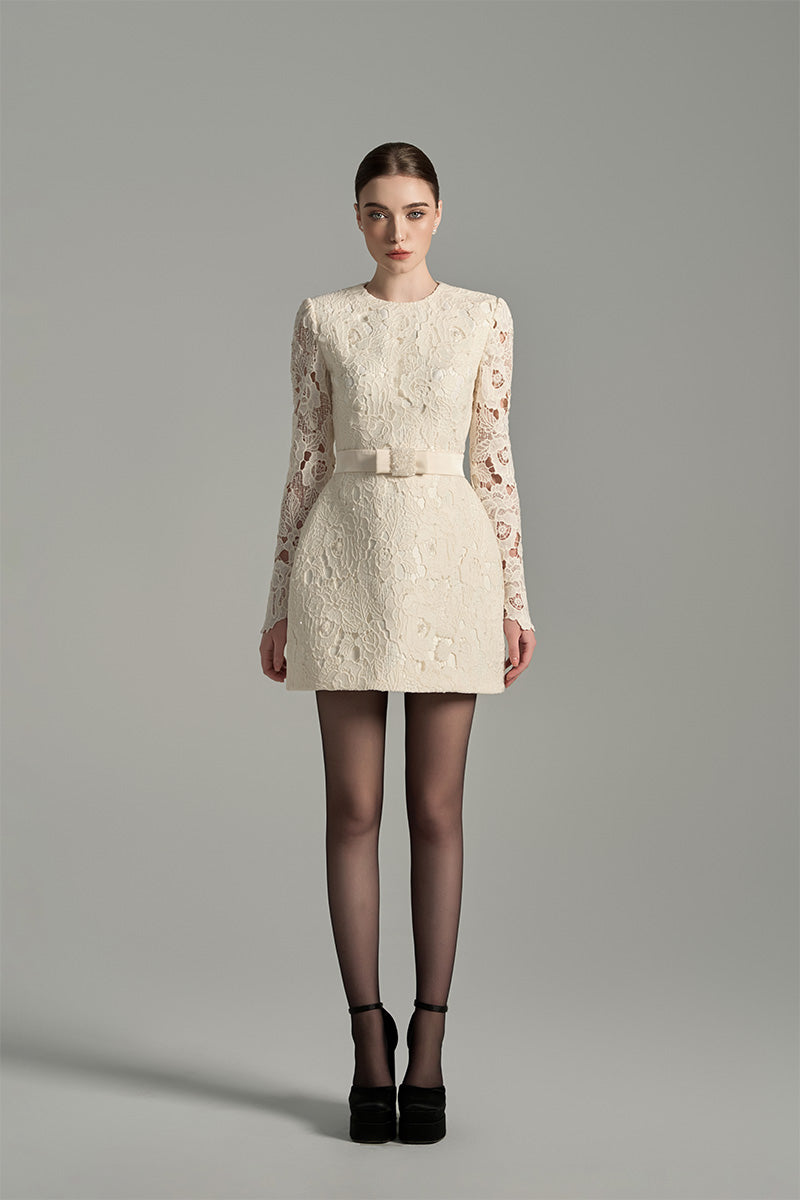 FLORAL LACE LONG SLEEVE MINI DRESS IN IVORY