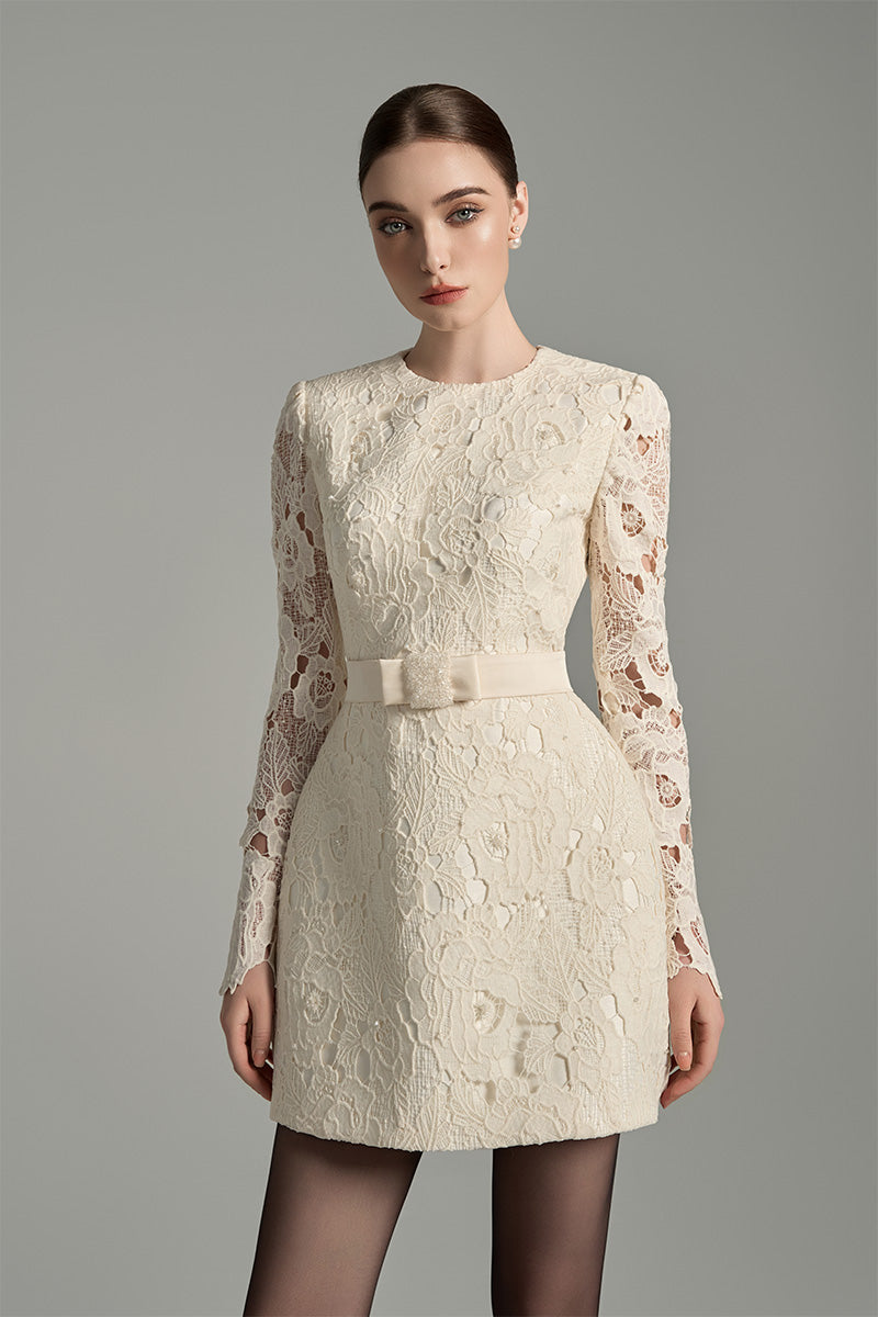 FLORAL LACE LONG SLEEVE MINI DRESS IN IVORY