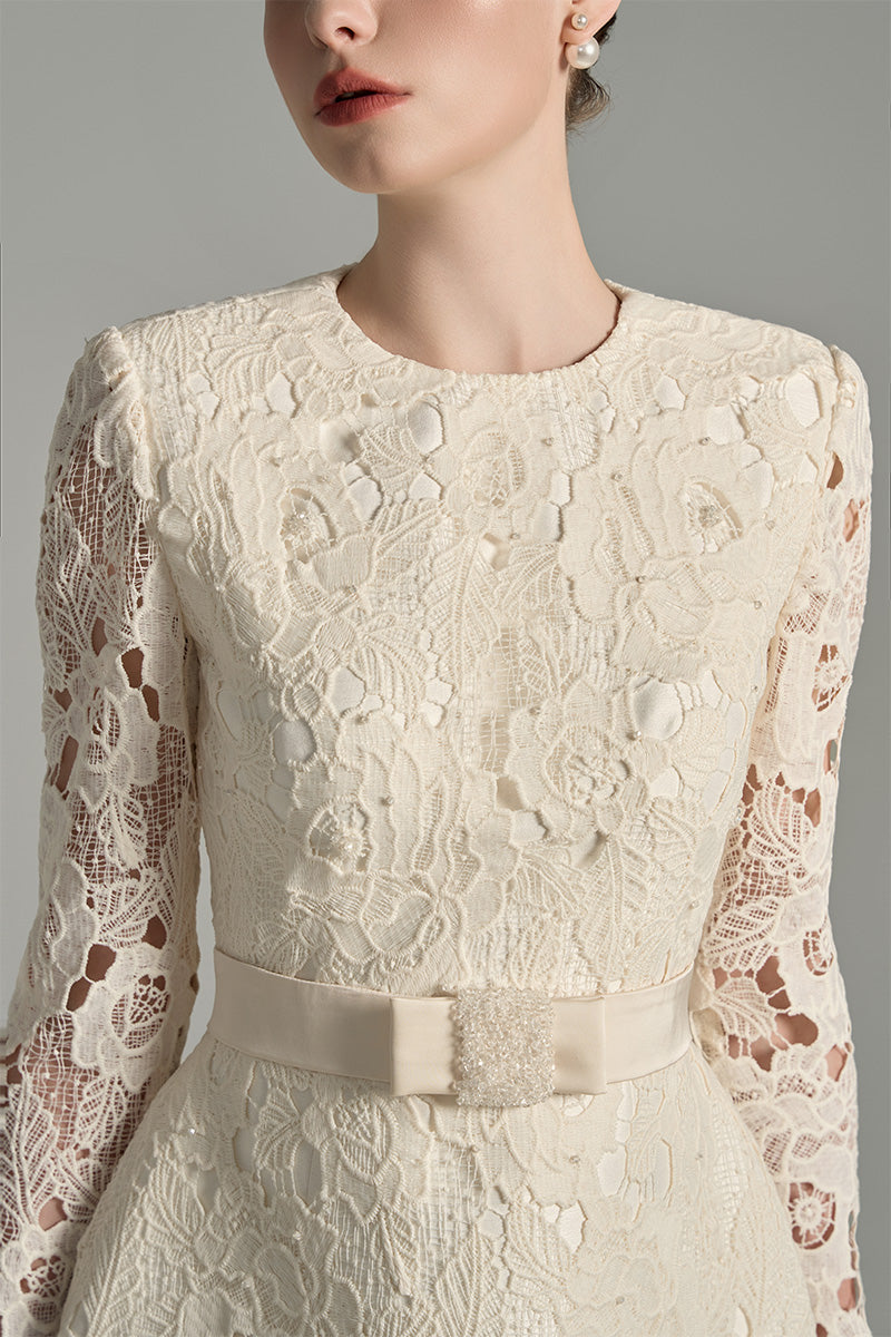 FLORAL LACE LONG SLEEVE MINI DRESS IN IVORY