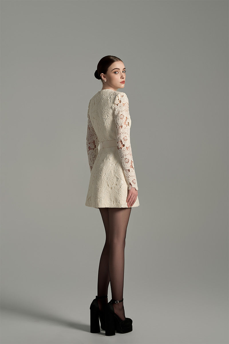 FLORAL LACE LONG SLEEVE MINI DRESS IN IVORY
