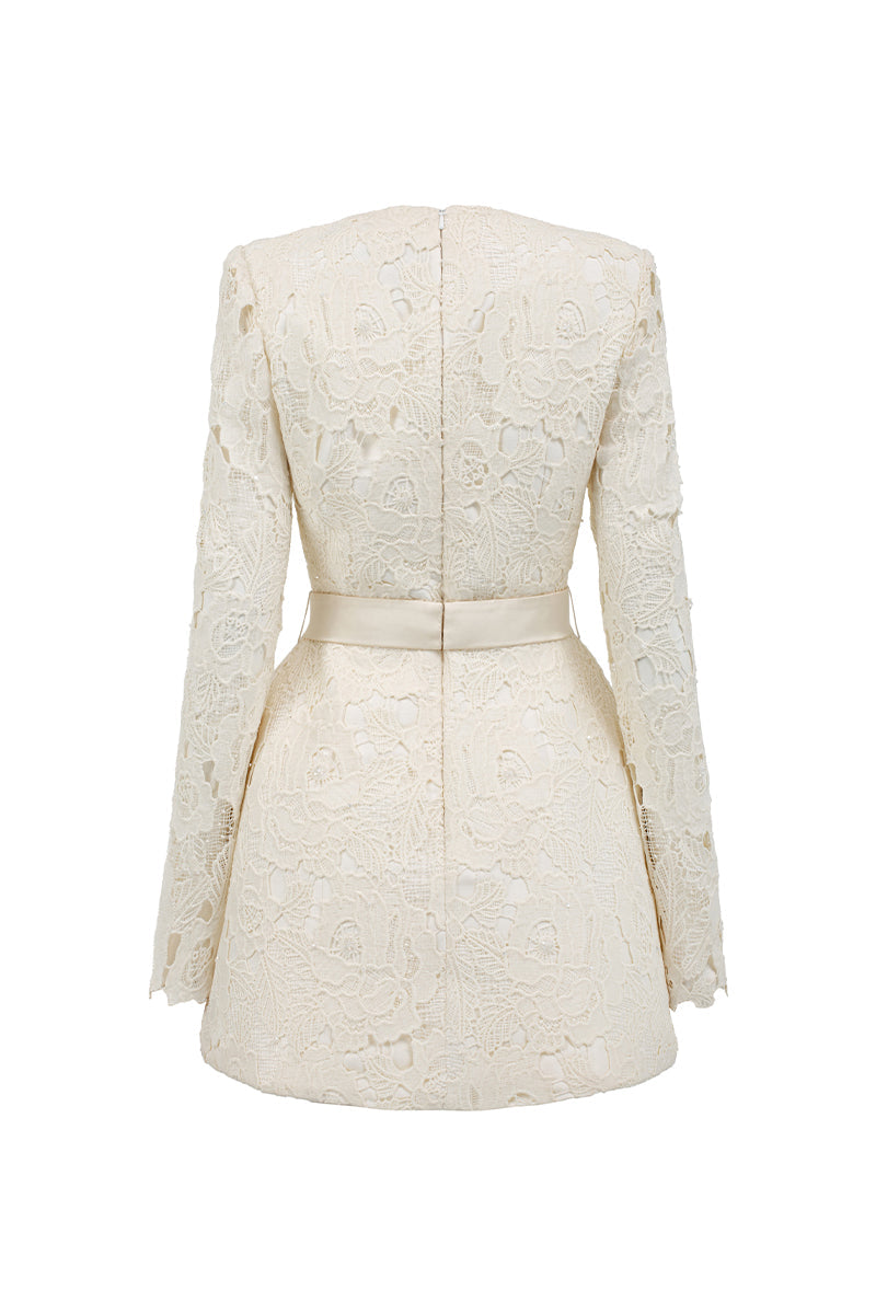 FLORAL LACE LONG SLEEVE MINI DRESS IN IVORY