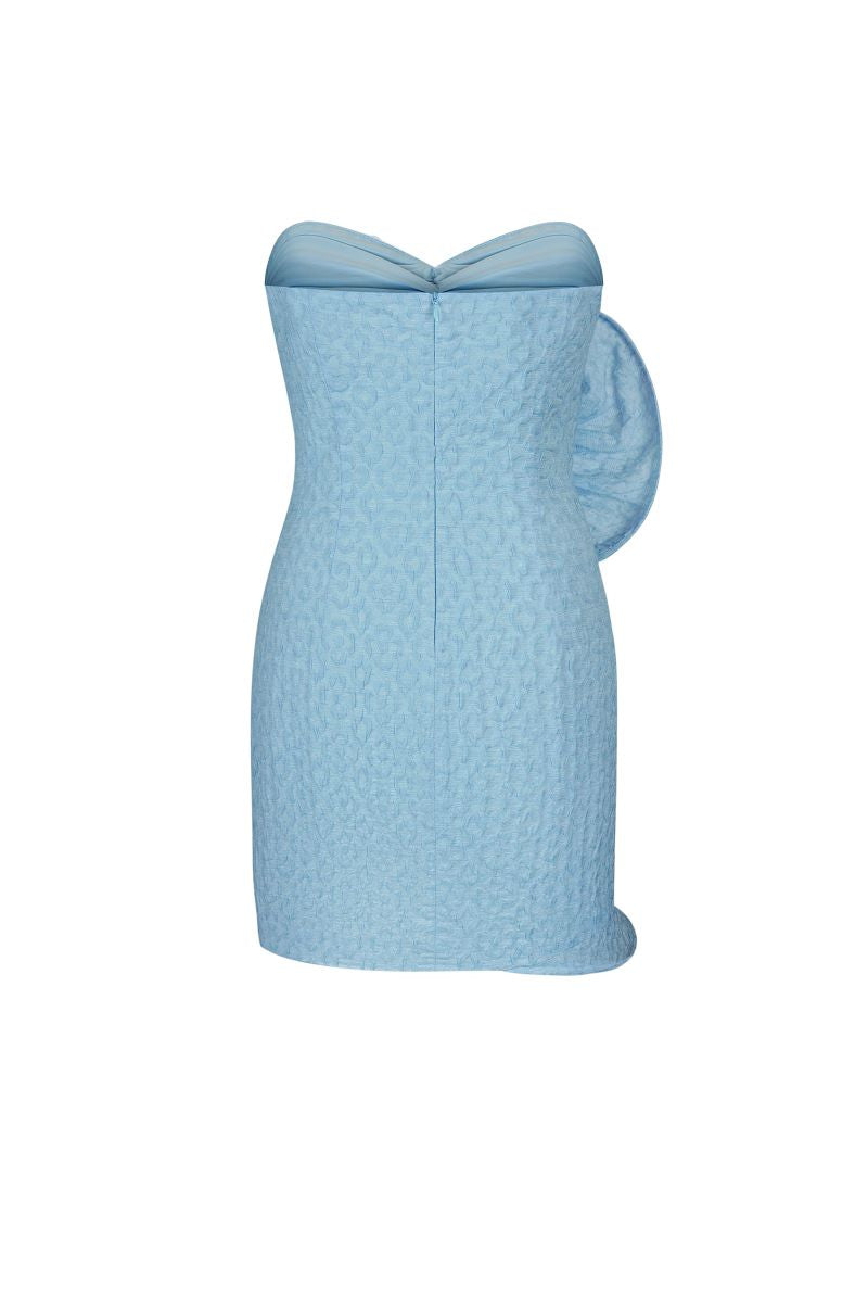 BLUE MINI DRESS WITH PLEATED SHELL DECOR