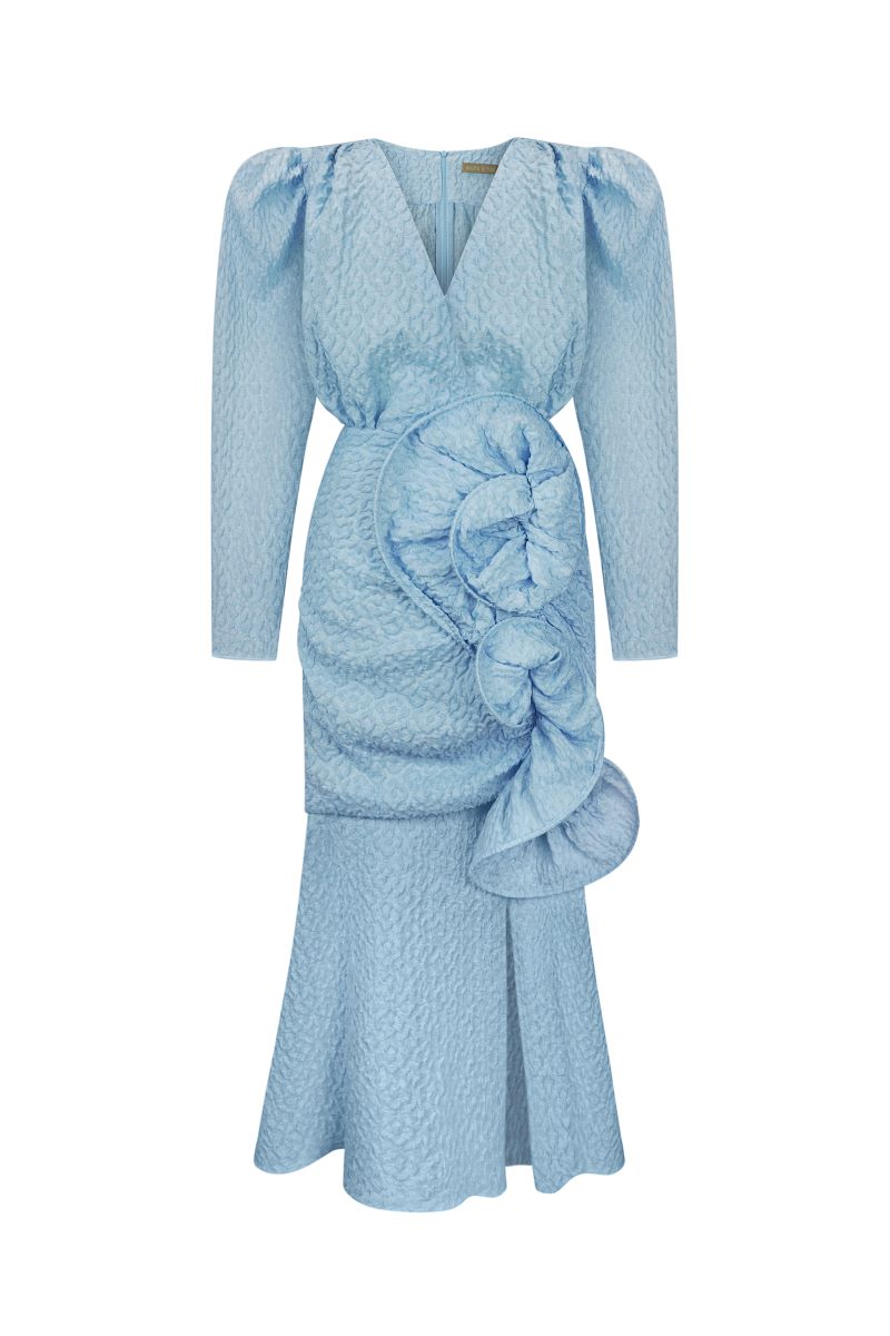 BLUE MIDI DRESS WITH PUFFED SLEEVES AND DECOR