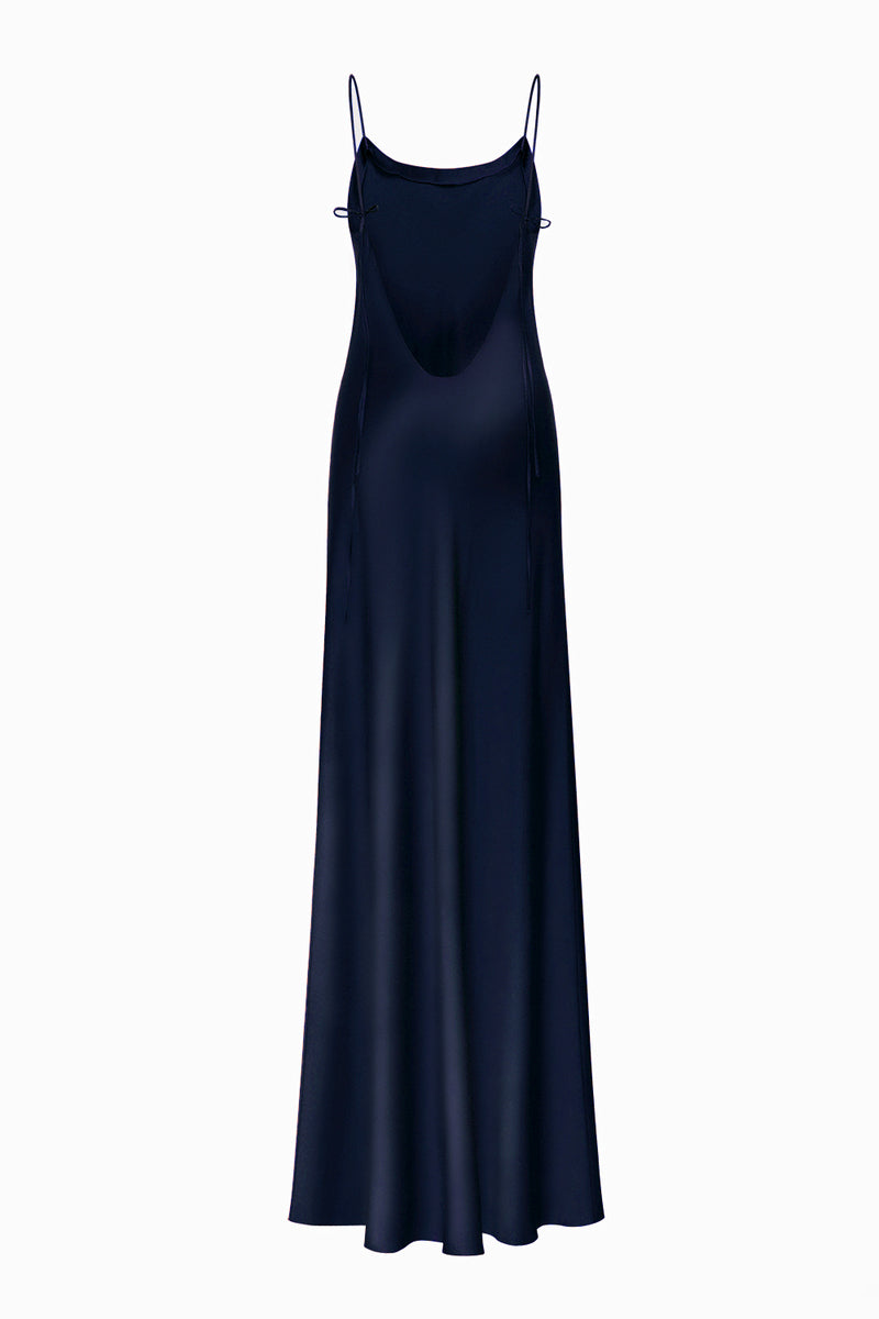 DEVON NAVY LOW-BACK SILK-SATIN MAXI DRESS
