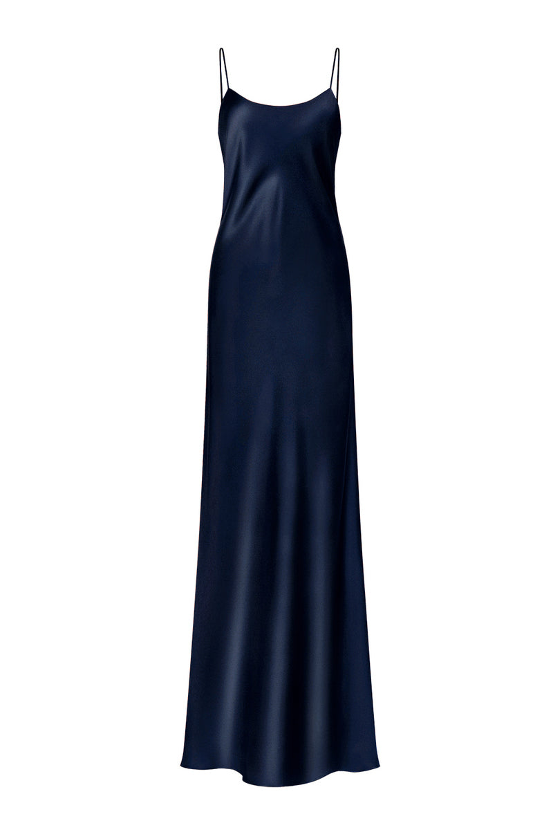 DEVON NAVY LOW-BACK SILK-SATIN MAXI DRESS