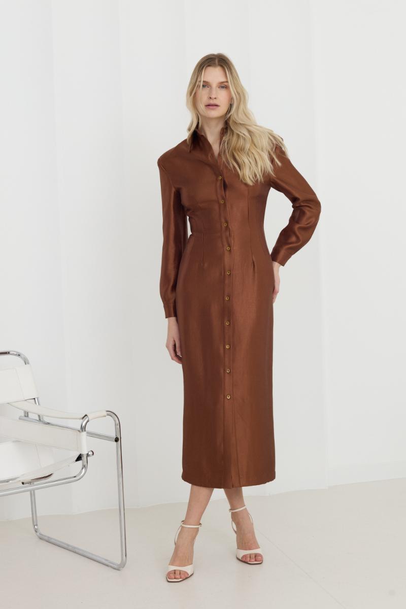 EDITH BROWN FITTED MIDI SHIRT DRESS