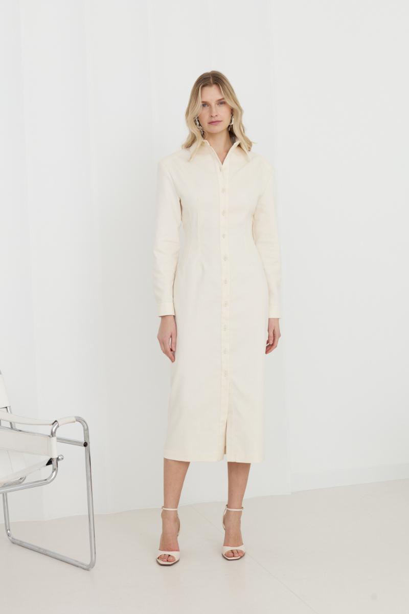EDITH WHITE DENIM FITTED MIDI SHIRT DRESS