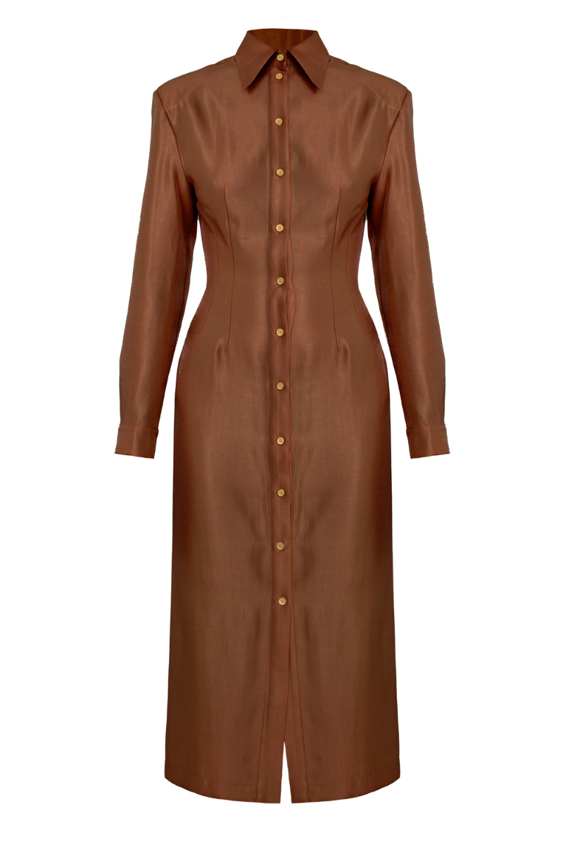 EDITH BROWN FITTED MIDI SHIRT DRESS