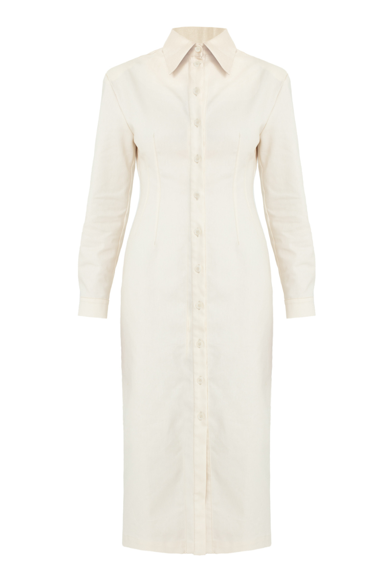 EDITH WHITE DENIM FITTED MIDI SHIRT DRESS