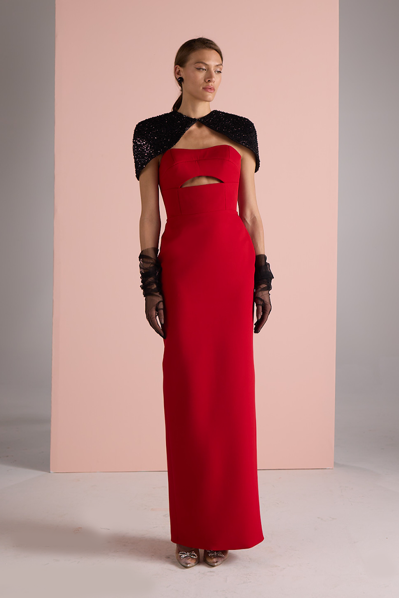 STRAPLESS TUBE DRESS WITH CAPE IN RED