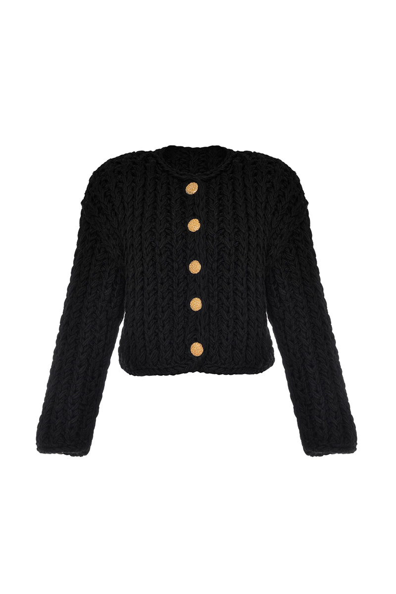 BLACK CABLE KNIT WOOL CARIDGAN