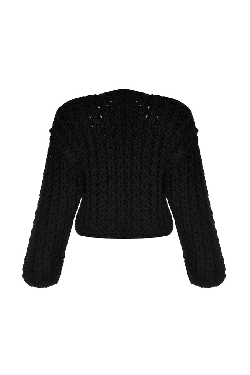 BLACK CABLE KNIT WOOL CARIDGAN