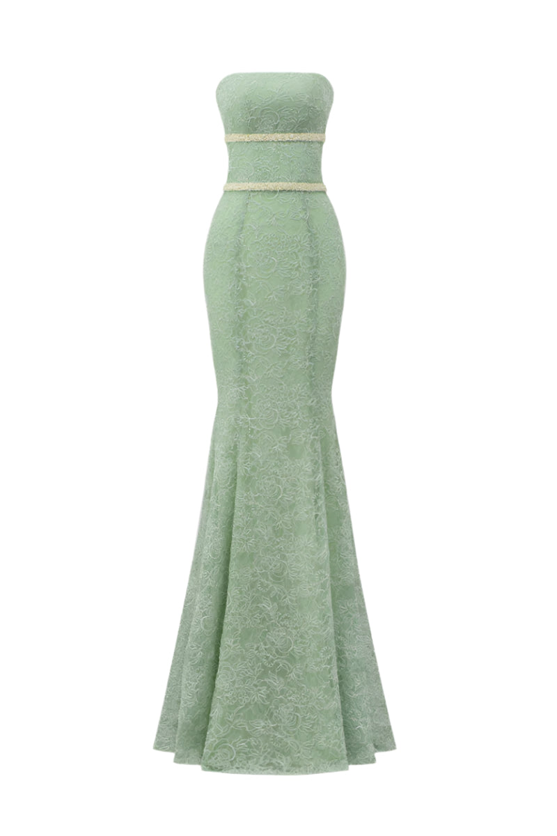 FLORAL MESH LACE AND CHIFFON DRESS IN GREEN