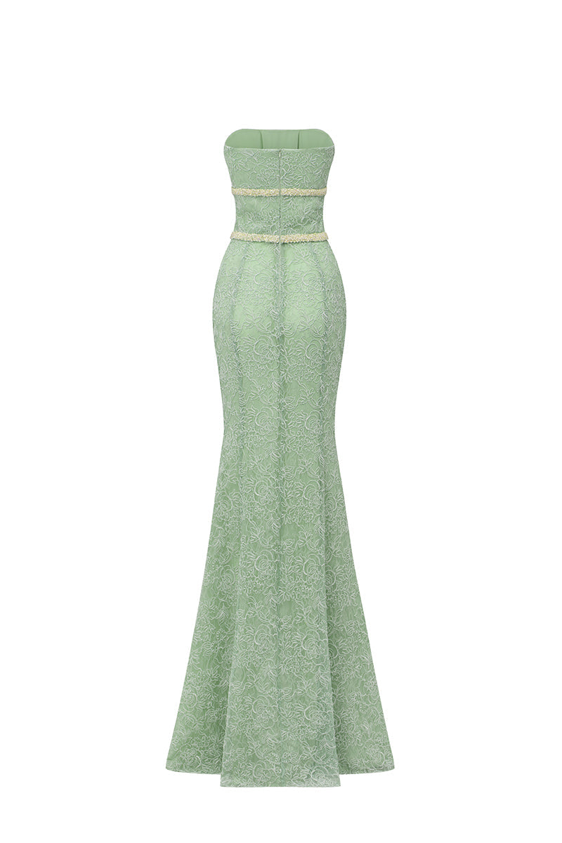 FLORAL MESH LACE AND CHIFFON DRESS IN GREEN