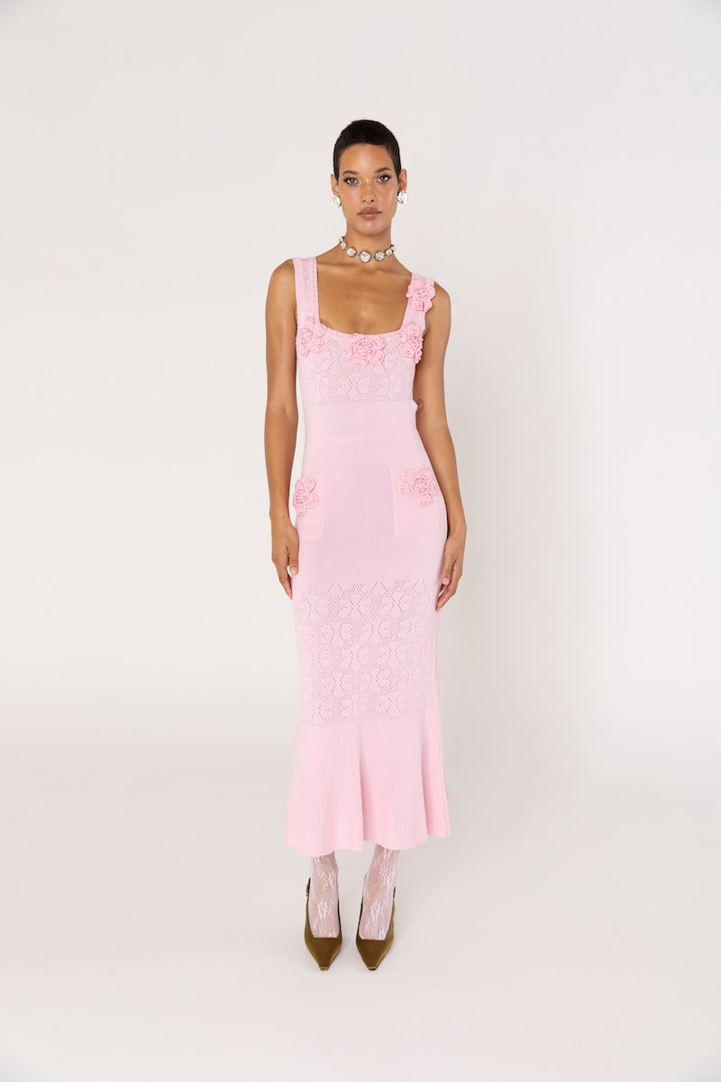 ROSE VANILLA KNIT DRESS WITH HANDMADE KNIT DETAILS