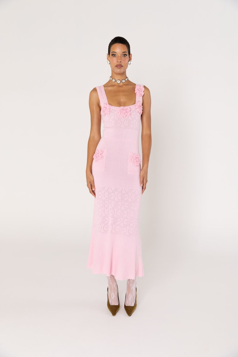 ROSE VANILLA KNIT DRESS WITH HANDMADE KNIT DETAILS