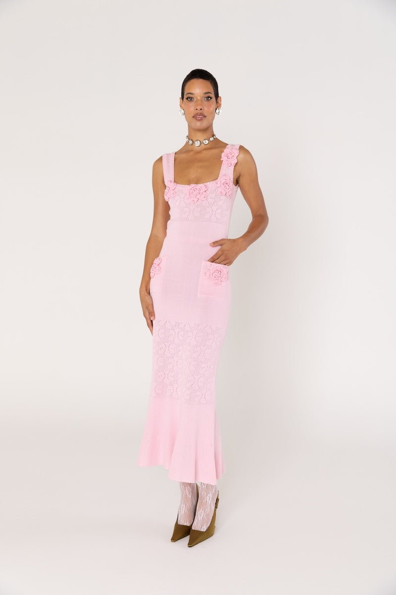 ROSE VANILLA KNIT DRESS WITH HANDMADE KNIT DETAILS