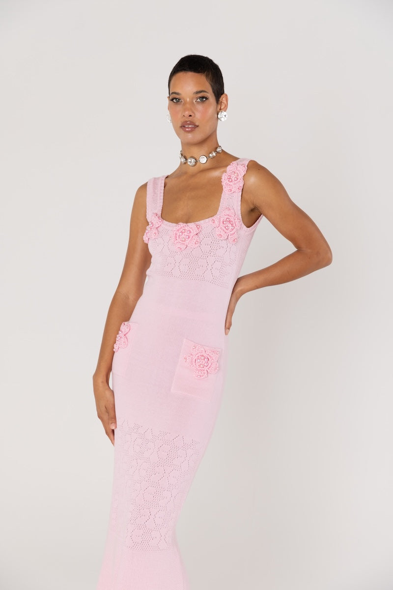 ROSE VANILLA KNIT DRESS WITH HANDMADE KNIT DETAILS