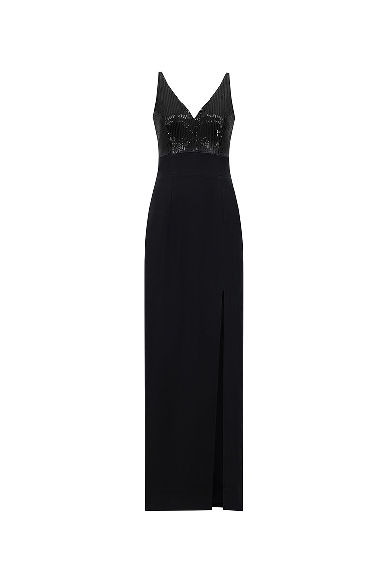 V-NECK SEQUIN MAXI DRESS IN BLACK