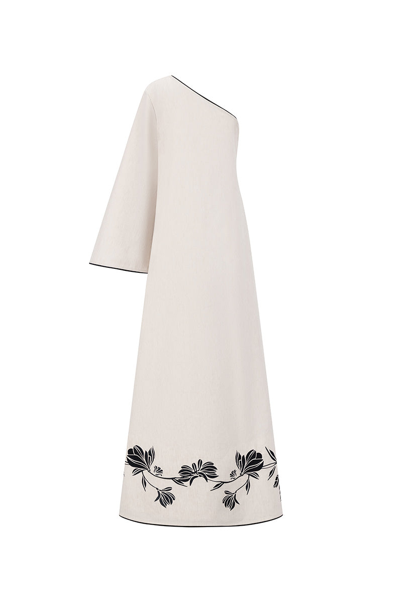ONE-SHOULDER EMBROIDERED MAXI DRESS IN BEIGE
