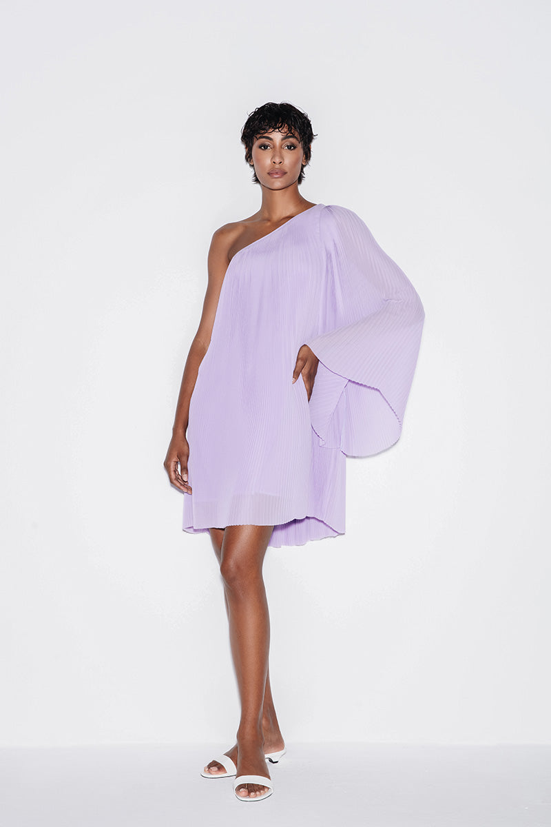PLEATED CHIFFON MINI DRESS IN LILAC