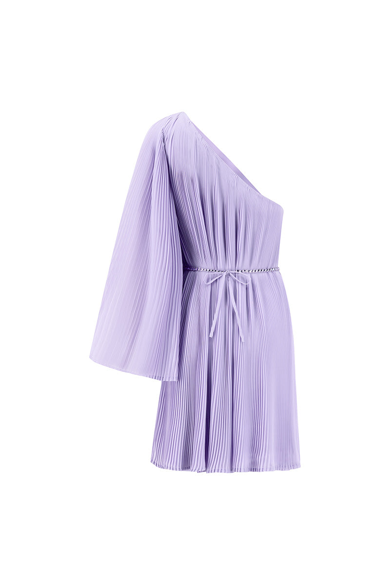 PLEATED CHIFFON MINI DRESS IN LILAC