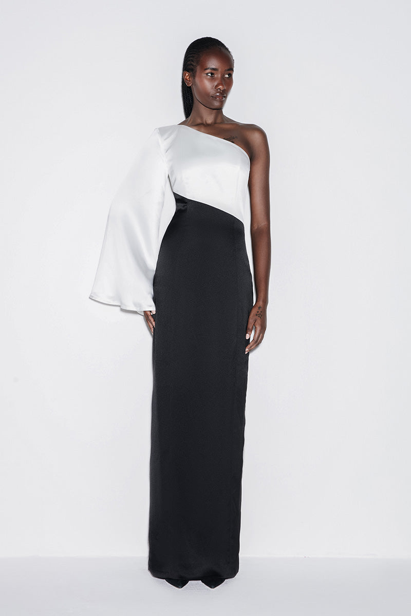 ONE-SHOULDER GOWN IN MONOCHROME
