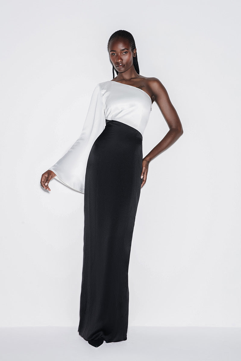 ONE-SHOULDER GOWN IN MONOCHROME