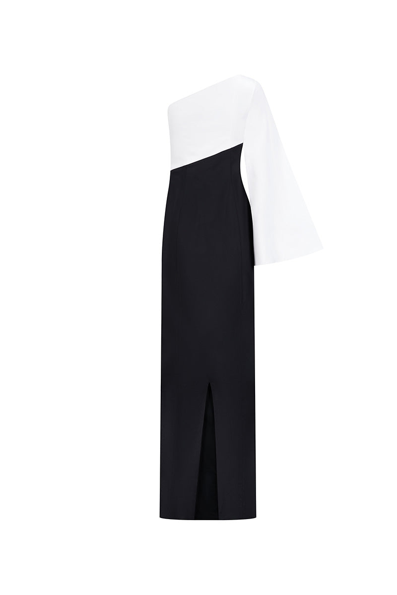 ONE-SHOULDER GOWN IN MONOCHROME