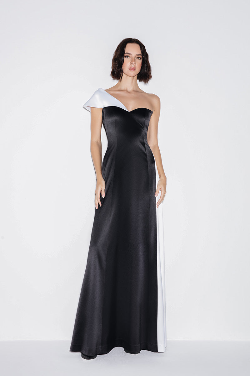 ASYMMETRIC GOWN IN MONOCHROME