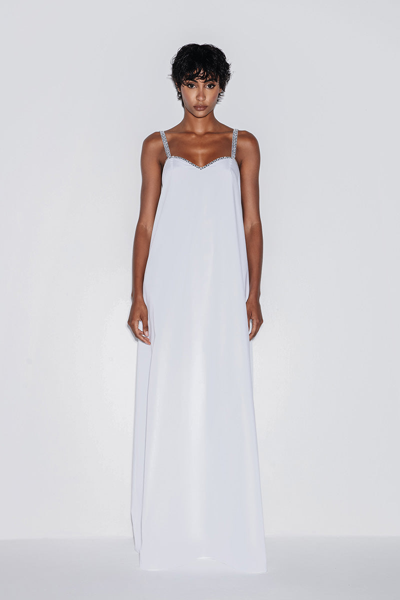 SWEETHEART MAXI DRESS WITH CRYSTAL STRAPS IN WHITE