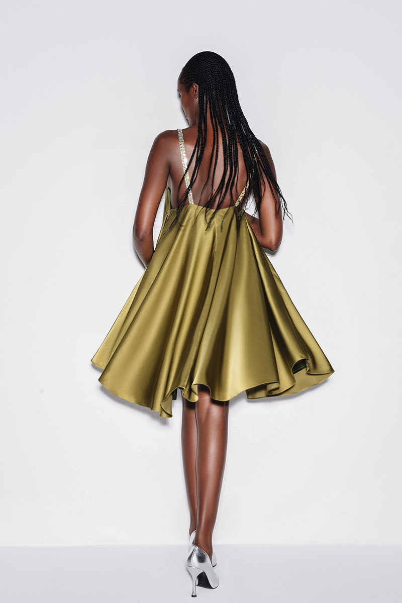 SATIN A-LINE MINI DRESS IN OLIVE GREEN