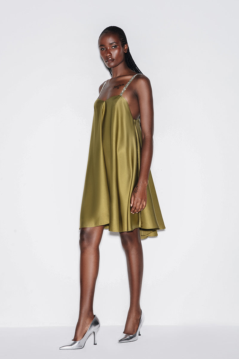 SATIN A-LINE MINI DRESS IN OLIVE GREEN