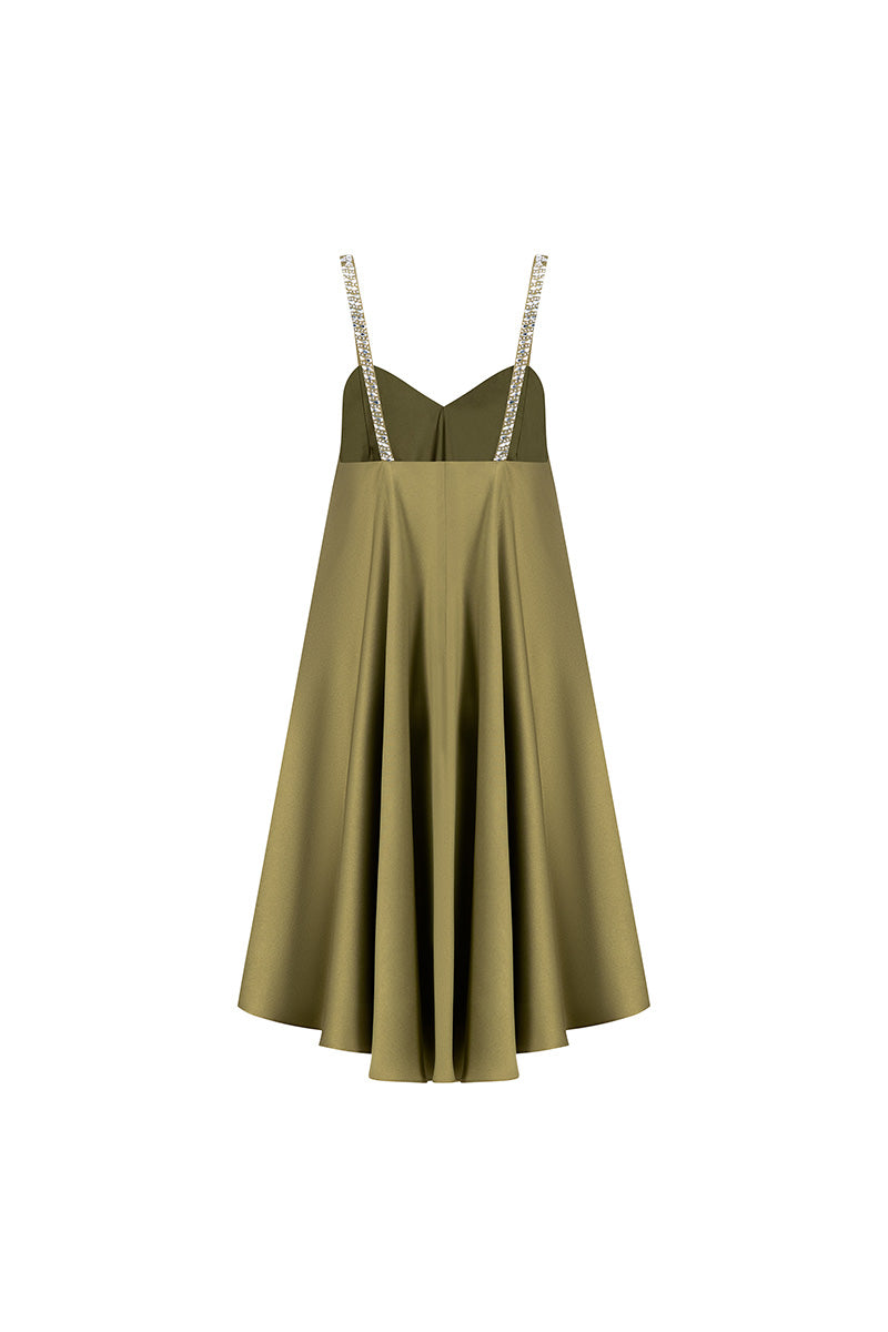 SATIN A-LINE MINI DRESS IN OLIVE GREEN