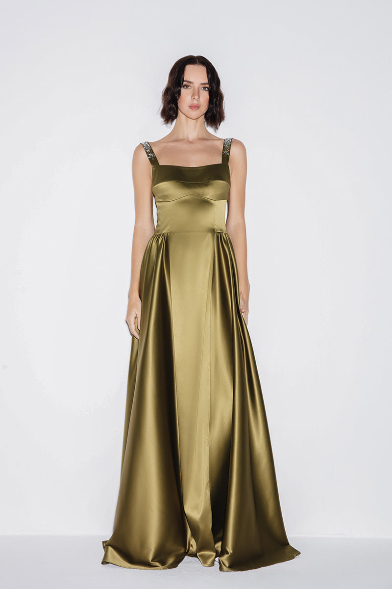 SATIN GOWN IN OLIVE GREEN