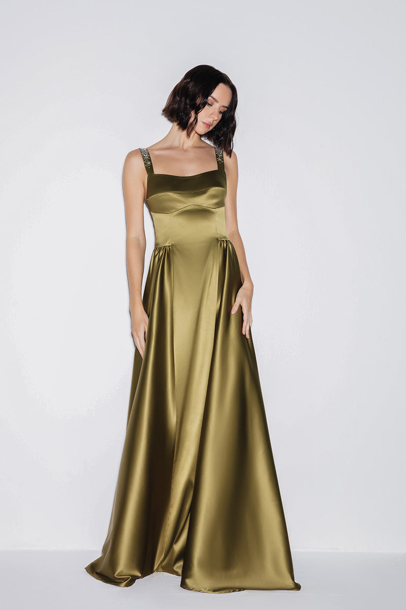 SATIN GOWN IN OLIVE GREEN