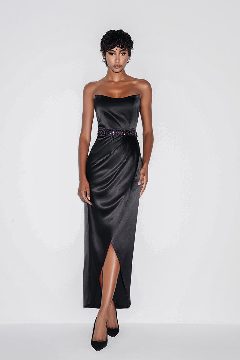 SATIN CROSS OVER MIDI DRESS IN BLACK