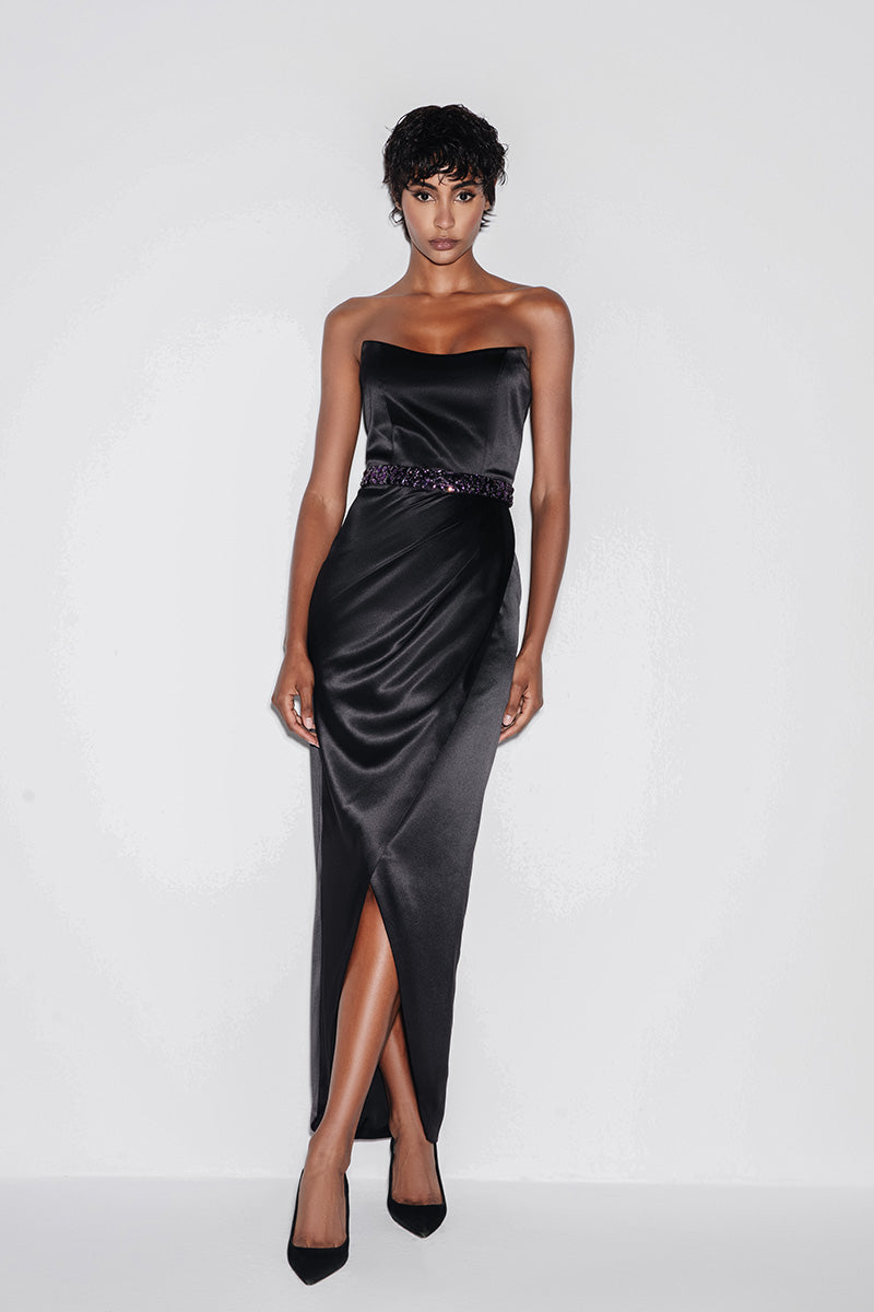 SATIN CROSS OVER MIDI DRESS IN BLACK