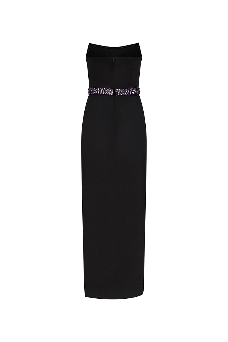 SATIN CROSS OVER MIDI DRESS IN BLACK