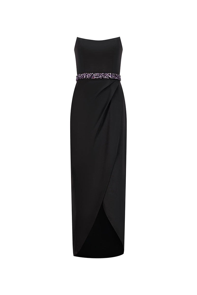 SATIN CROSS OVER MIDI DRESS IN BLACK