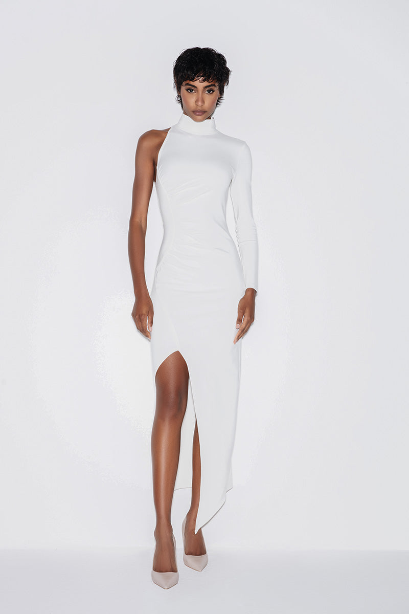 TURTLENECK ASYMMETRIC MIDI DRESS IN WHITE